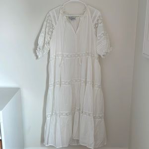 En Saison White Tiered Lace Puff Sleeve Midi Dress
